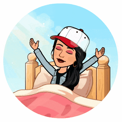 a cartoon of a woman wearing a baseball cap stretching her arms in bed