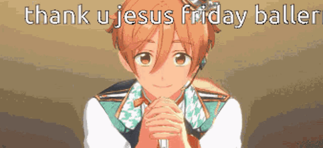 a pixel art of a boy with his hands folded and the words thank u jesus friday baller