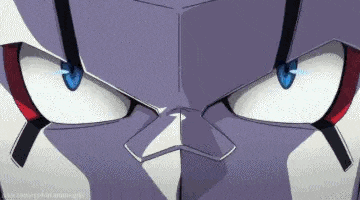 a close up of a cartoon character 's face with blue eyes and red lines .
