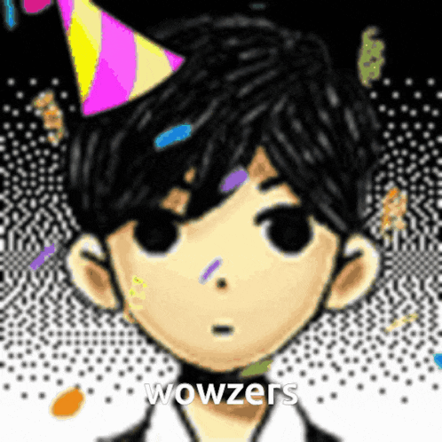 a cartoon boy wearing a party hat with the words wowzers written on it