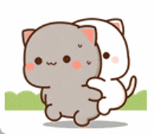 two cartoon cats are hugging each other .