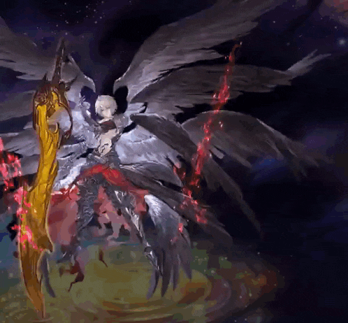 a painting of an angel with wings and a sword