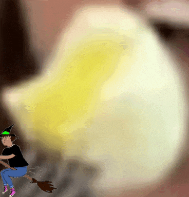 a cartoon of a witch riding a broom with a yellow background