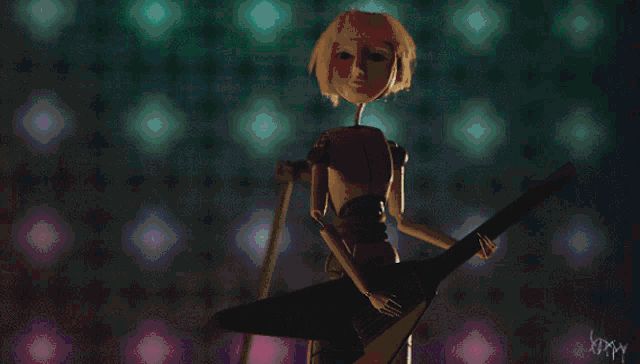 a drawing of a doll holding a guitar with the letters lxxxy written on the bottom