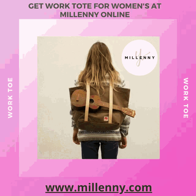 a woman is carrying a brown tote bag with a guitar on it