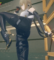 a video game character is standing on one leg in a room