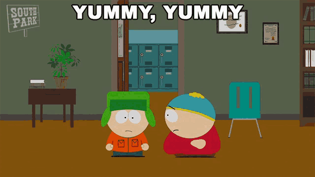 two south park characters are standing in front of lockers