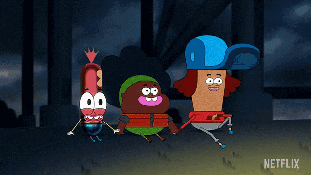 a group of cartoon characters standing next to each other with a netflix logo in the corner