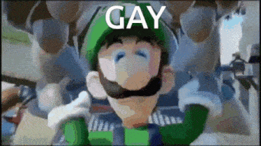 a cartoon character wearing a green hat with the word gay written on it .
