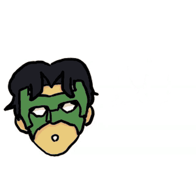a cartoon drawing of a man wearing a green mask and a speech bubble with red exclamation points .