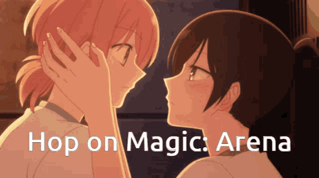 a picture of two anime girls with the words hop on magic arena