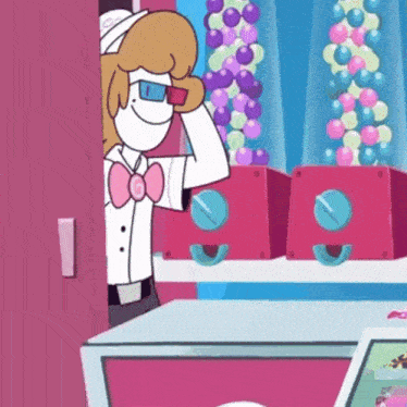 a cartoon character wearing 3d glasses is standing in front of a gumball machine