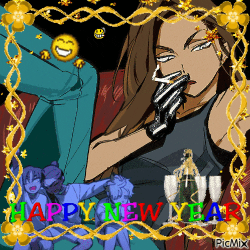 a picture of a woman smoking a cigarette with the words happy new year written on it