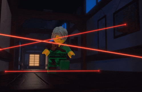 a lego ninjago character is surrounded by red lasers