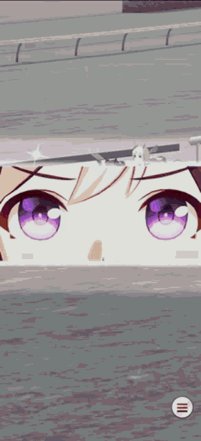a close up of a person 's face with purple eyes and a circle that says ' iii ' on it