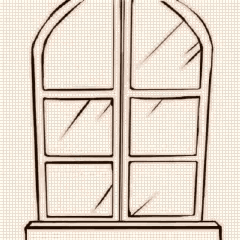 a black and white drawing of a woman wearing glasses looking out of an open window .