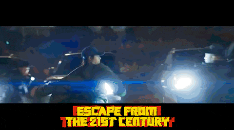 a poster for escape from the 21st century features a man in a baseball cap