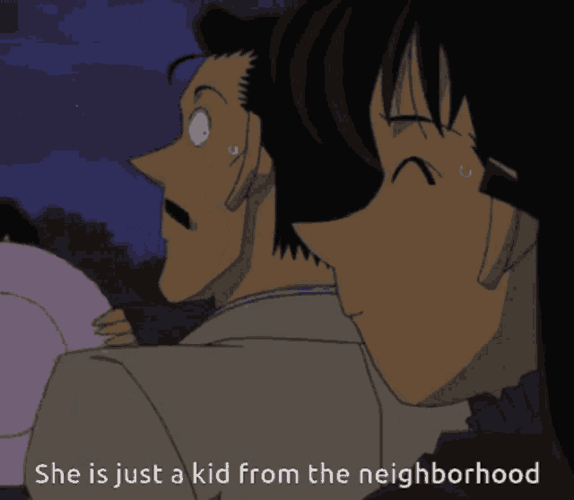 a cartoon of a man and a woman with the words she is just a kid from the neighborhood