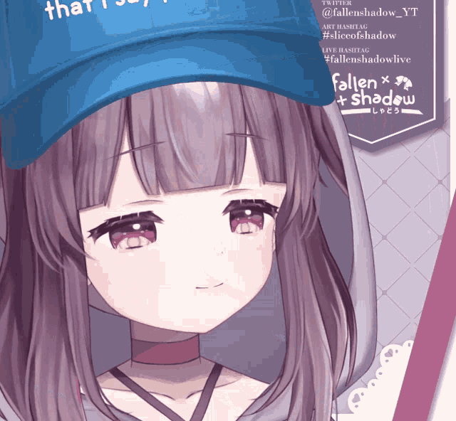a girl with purple hair wearing a blue hat that says fallen + shadow on it