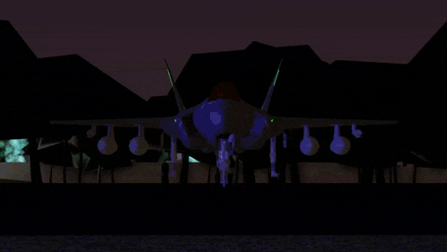 a computer generated image of a fighter jet on a runway at night