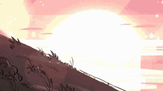 a cartoon drawing of a sunset with a hill in the foreground and the sun in the background