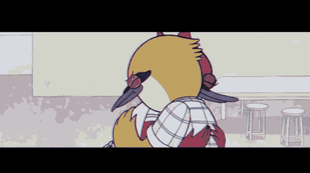 a cartoon of a bird hugging another bird in a plaid shirt