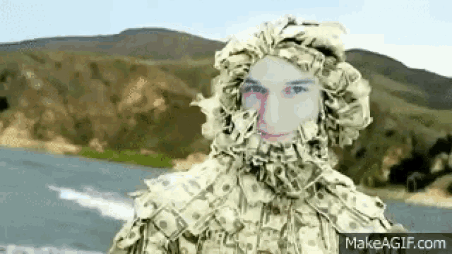 a man with a hood made of money stands in front of a lake