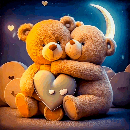 two teddy bears hugging and holding a heart