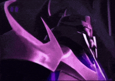 a close up of a purple robot with a sword