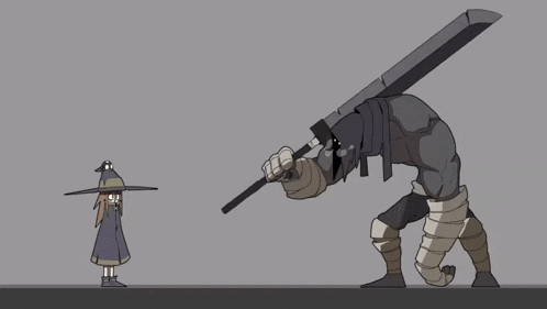 a cartoon of a girl in a witch hat standing next to a monster with a large sword .