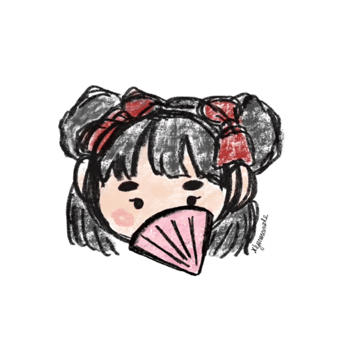 a drawing of a girl holding a fan with hearts around her and the letters x and y on the bottom