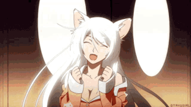 a girl with white hair and cat ears is holding her hands up in the air