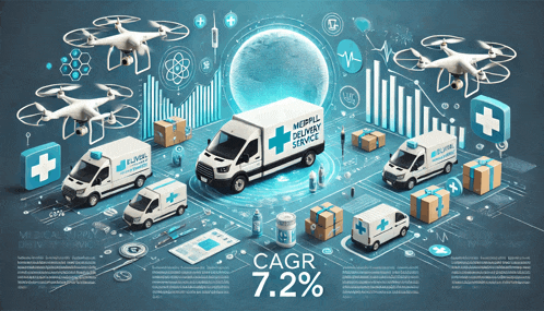 a medical delivery service truck is surrounded by a bunch of ambulance vans and drones