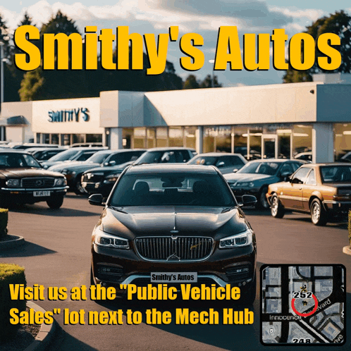 an ad for smithy 's autos shows a car parked in front of a building