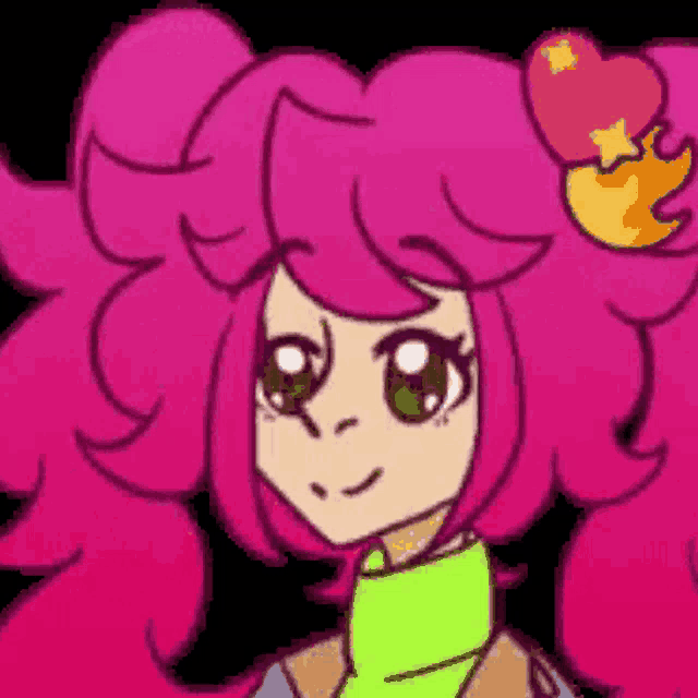 a pixel art drawing of a girl with pink hair and a yellow scarf .