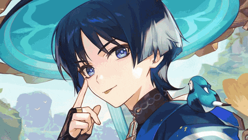 a boy with blue hair and a bird on his shoulder