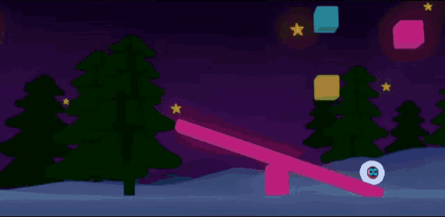 a cartoon drawing of a car on a seesaw with a christmas tree in the background