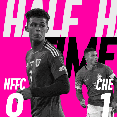 a black and white photo of two soccer players on a pink background that says half time on it