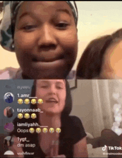two women are having a video call on tiktok and one of them is making a funny face