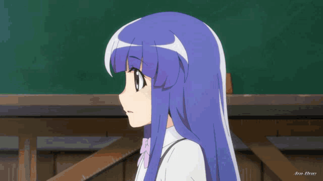 a girl with purple hair is standing in front of a chalkboard