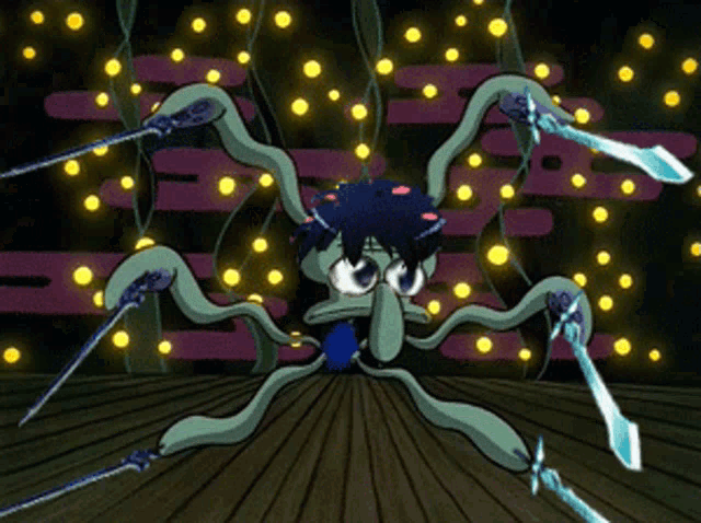 a cartoon octopus is holding a sword and a pair of scissors
