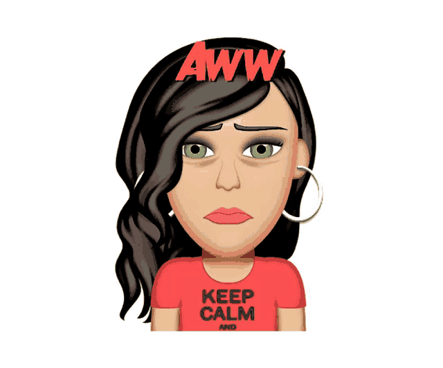 a woman wearing a red shirt that says keep calm and aww on her head
