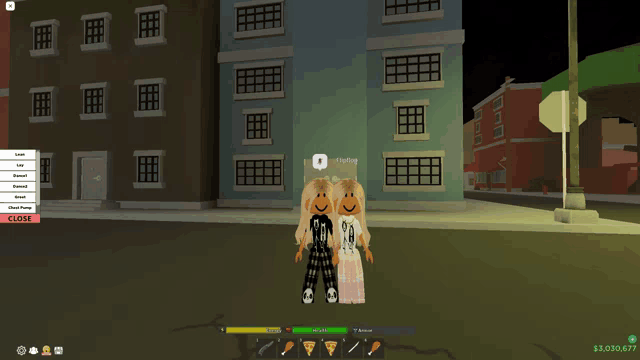 a couple of people standing in front of a building that says ' close ' on it