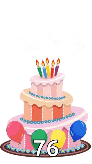a birthday cake with balloons and candles and the number 76 on it