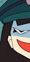 a close up of a cartoon character 's face with a hat on and a smile .