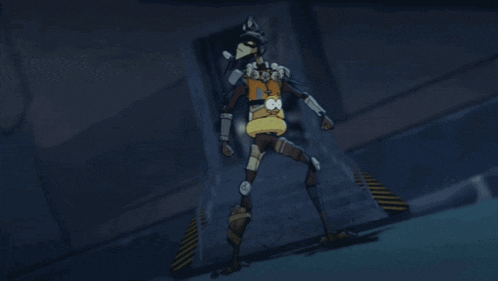 a cartoon character is standing in a dark room wearing a mask