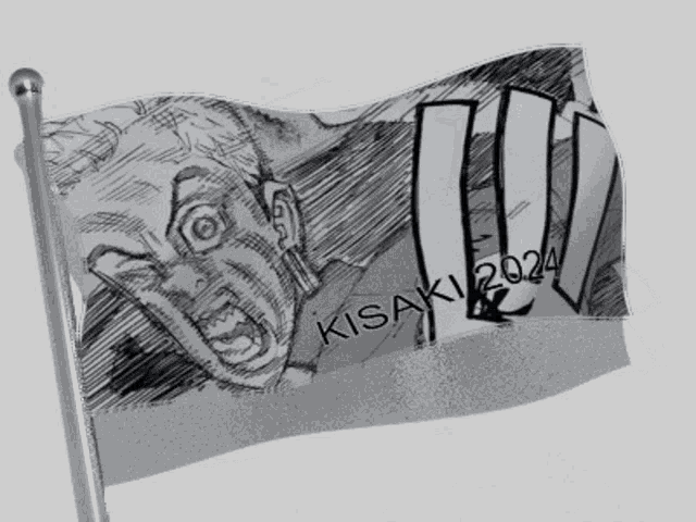a black and white drawing of a man with the words kisaki 2024 on it