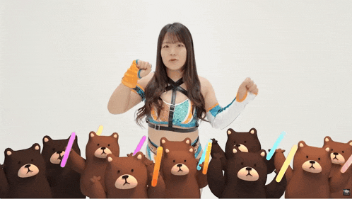 a woman in a wrestling outfit is surrounded by teddy bears holding glow in the dark sticks