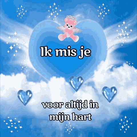 a blue heart with the words ik mis je voor altijd in mijn hart