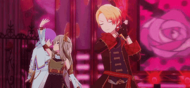 a group of anime characters are dancing on a stage in front of a rose .
